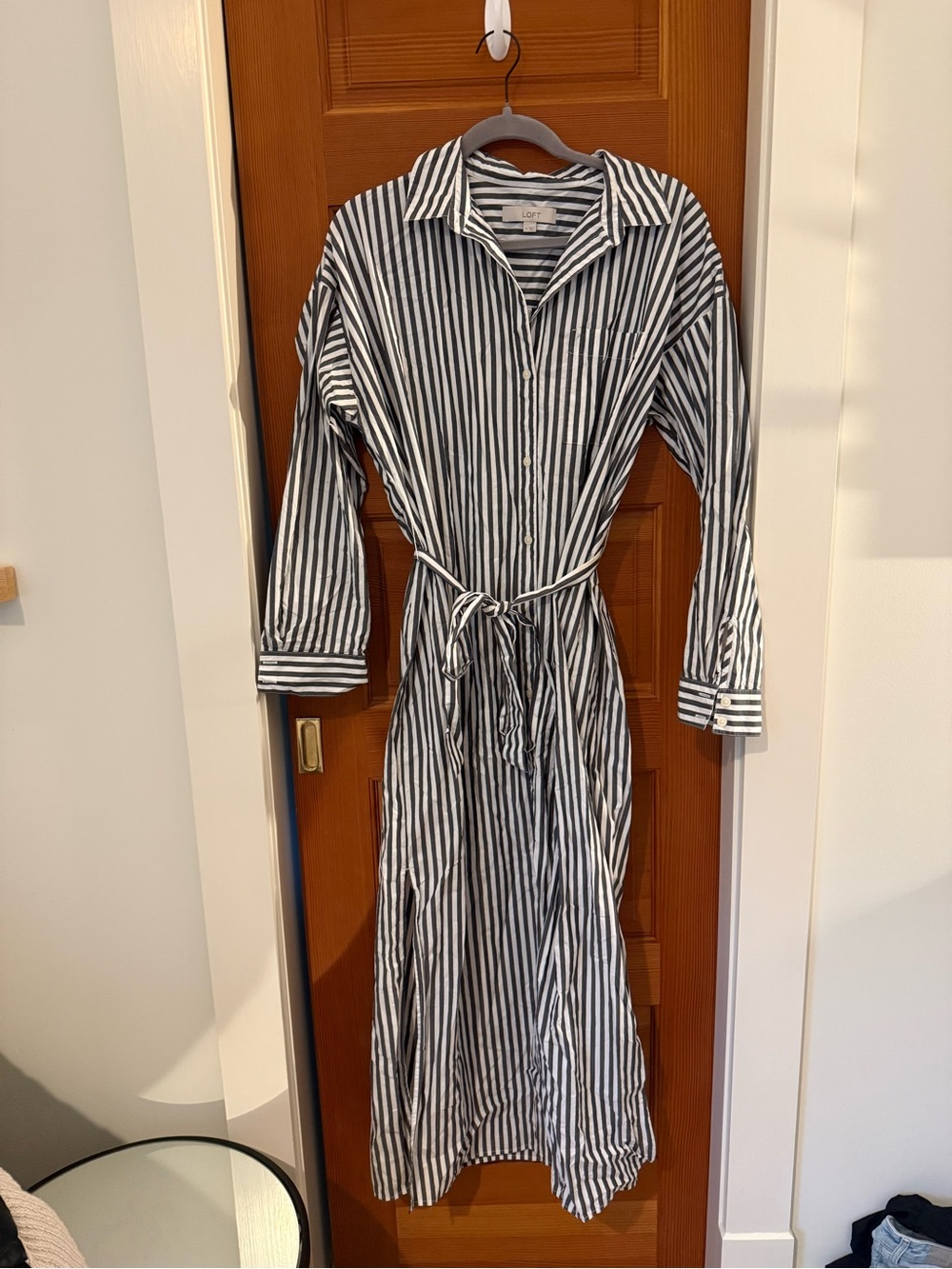 LOFT Gray & White Stripe Shirt Dress with Tie Waist